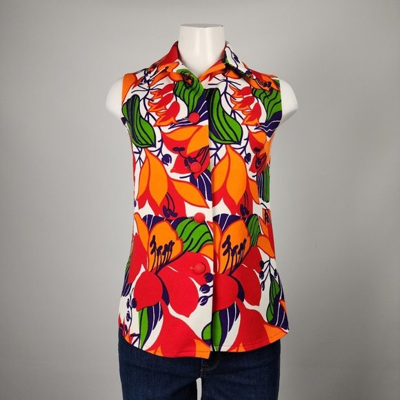 Vintage Tops - Vintage Marjorie Hamilton Red Floral Sleeveless Button Up Top Size M